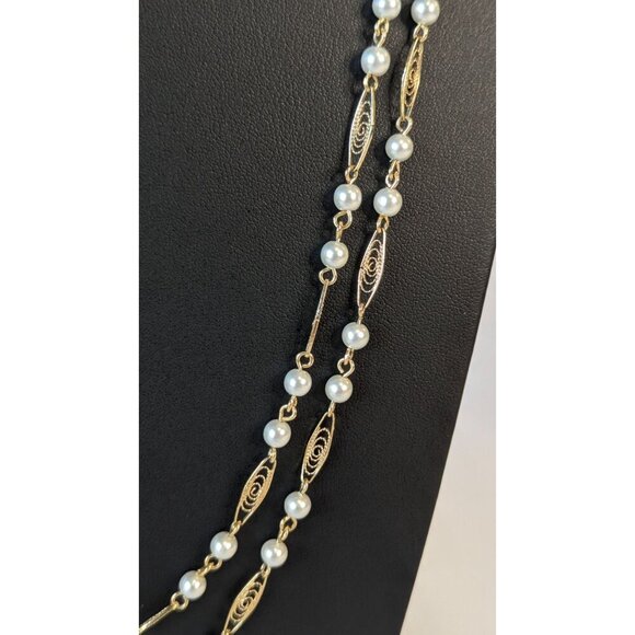 Trifari Vintage Necklace Double Strand Gold Plated Trifanium Scroll Faux Pearls - Picture 2 of 4